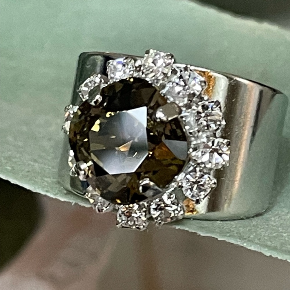 NEW Swarovski Halo Smokey Quartz Crystal Wide Band Adjustable Ring
